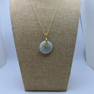 Burma Jade Donut Pendant Necklace w/ Gold Floral Charm & 24K Gold Plated Chain